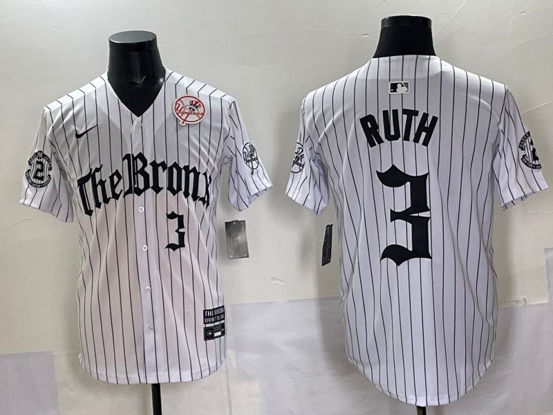 Men 2025 New York Yankees 3 Ruth White Stripe Five generations Joint Name Nike MLB Jersey style 06